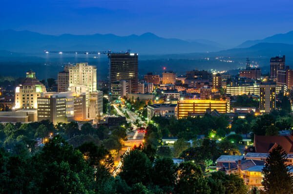 Asheville, North Carolina, USA at twilight.